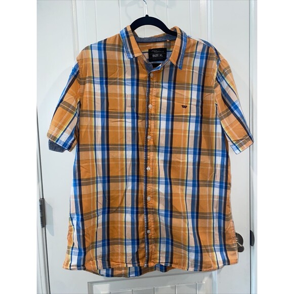 Jean Pascale Button Front Shirt Short Sleeve Plaid Orange 100% Cotton Size XL - Picture 1 of 9